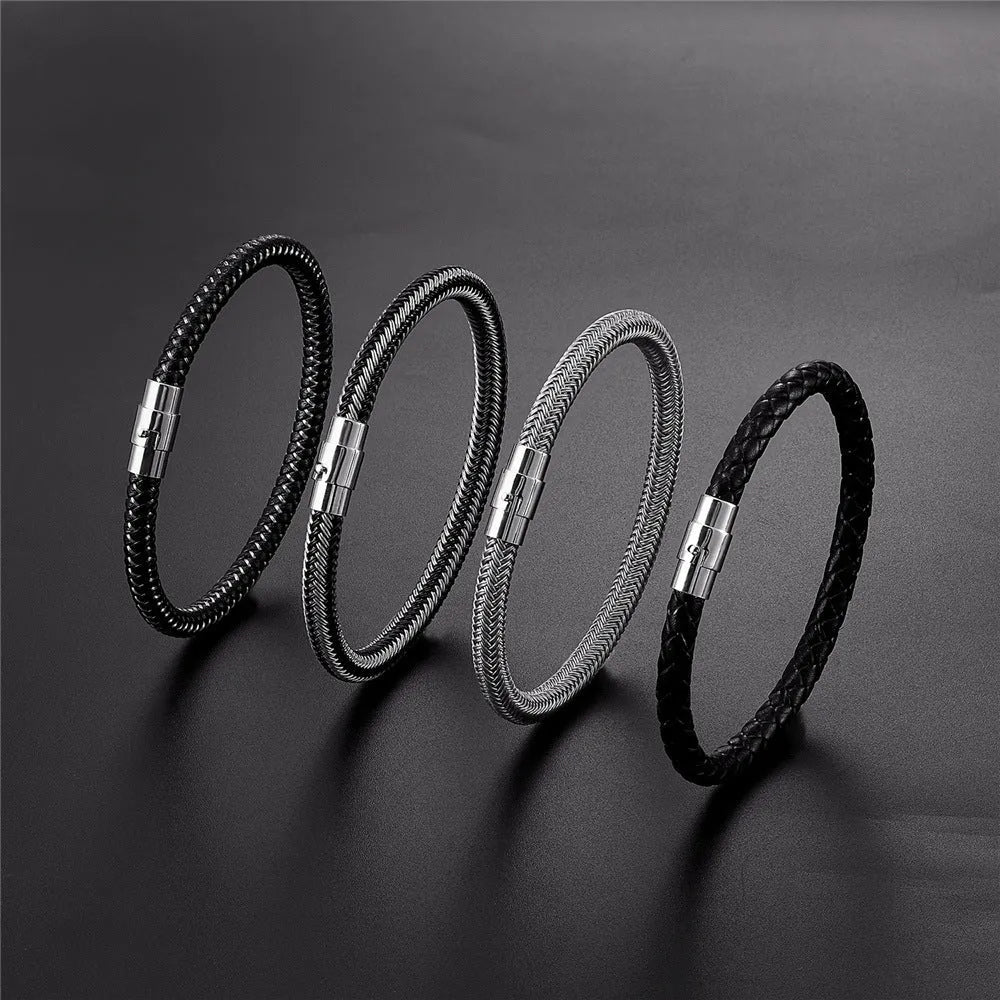 Geometric titanium steel wire bracelet with a magnetic clasp, shown in a unisex style.