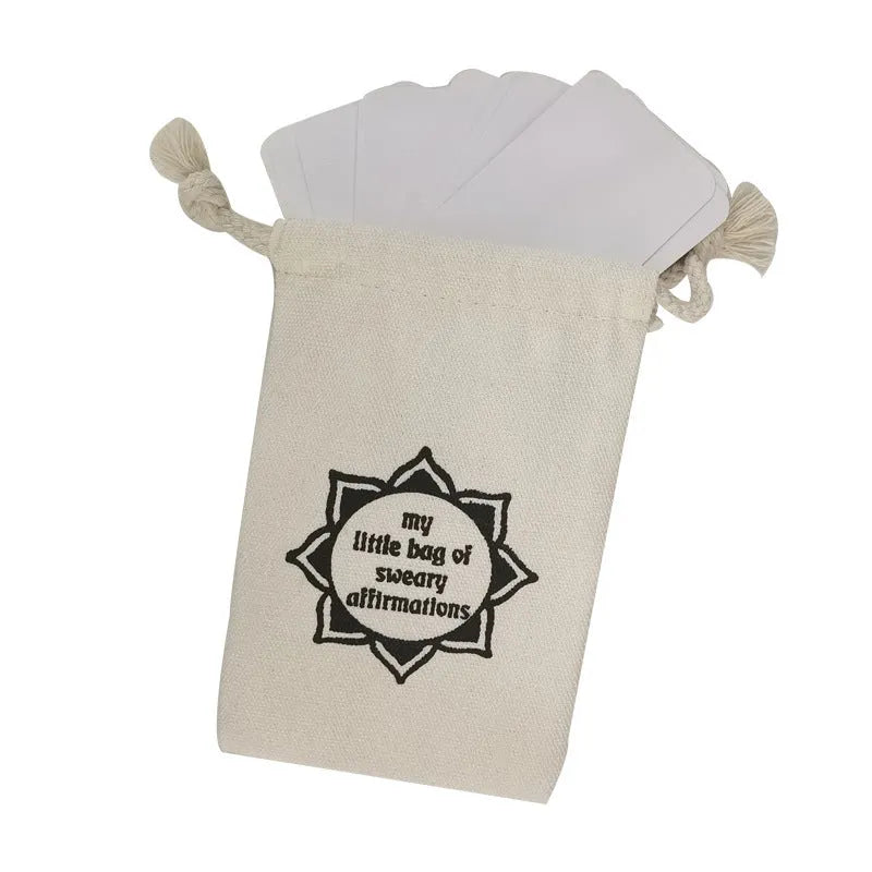 Set of 16 colourful funny affirmation cards with healing messages inside a gift card bag.