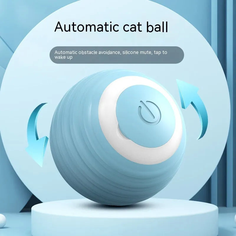 Blue automatic rechargeable self-moving cat toy ball on floor