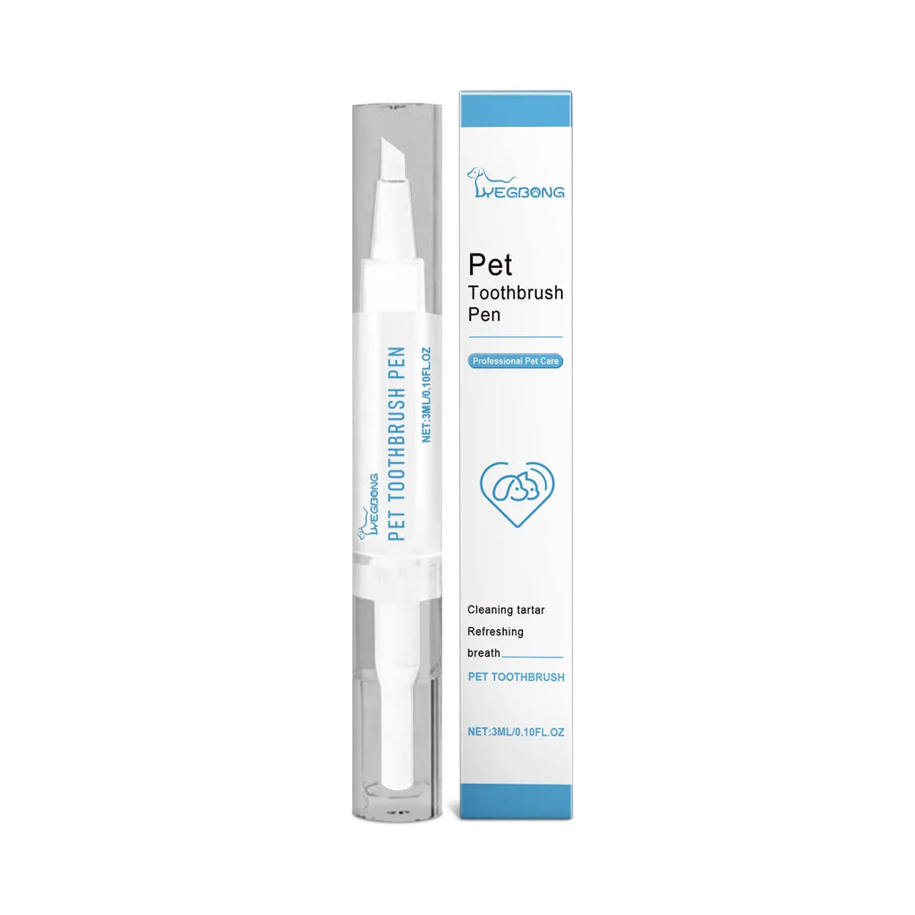 Pet teeth cleaning brush with attached 3ml capacity tube and 12.5cm long handle.