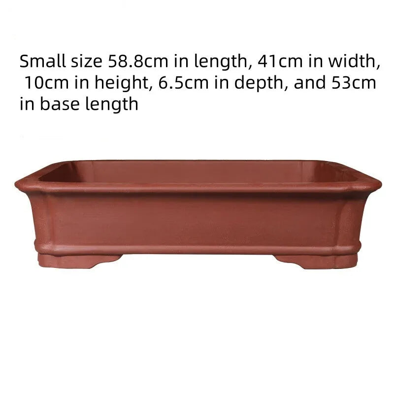 Large rectangular handmade purple clay flowerpot shown in three different size variations for bonsai or big plants.