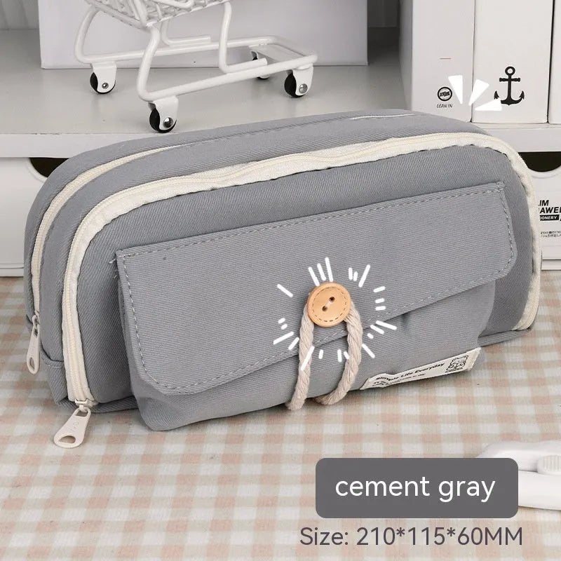 Green Korean-style canvas pencil case with zip, large enough to hold 80 pens.