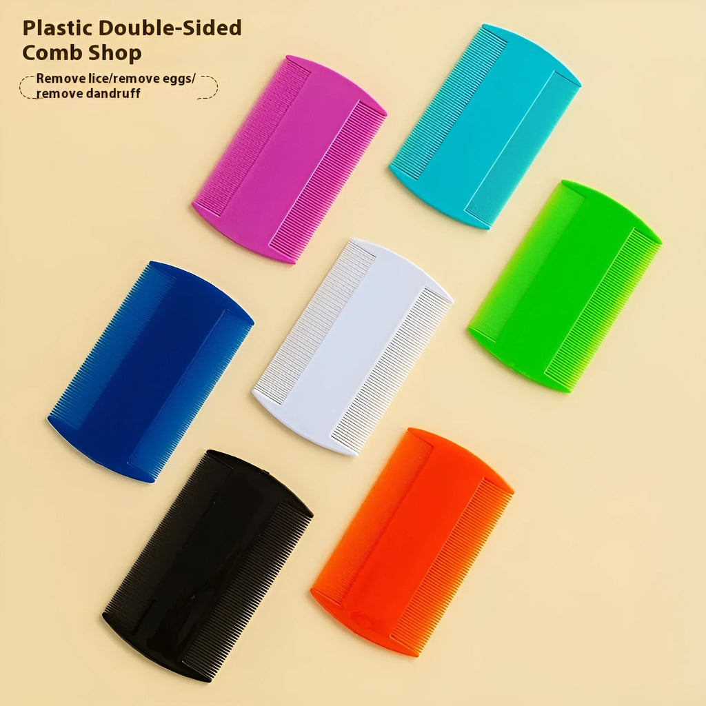 Double-sided plastic flea and lice comb with fine metal teeth, shown in assorted colours.