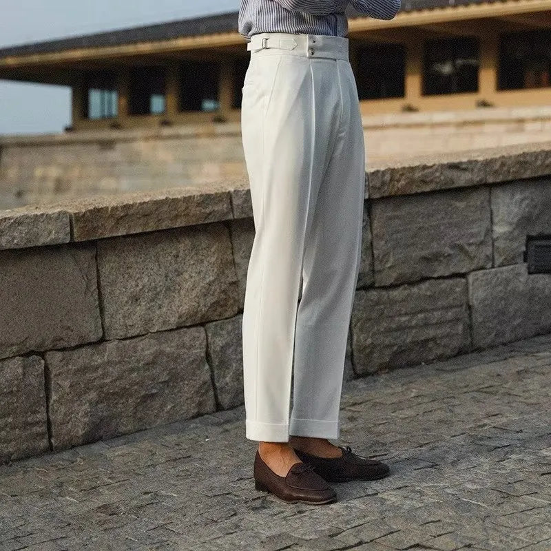 Men's slim fit straight-leg suit trousers in black, white, and apricot colours on a size chart background.