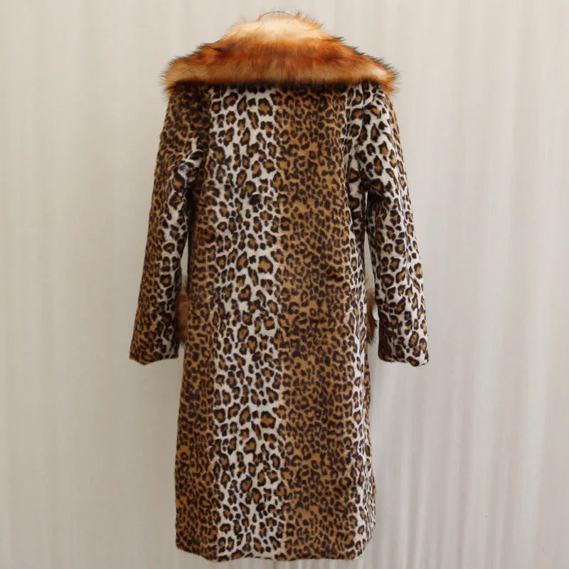 Long leopard print artificial fur jacket with regular sleeves on a hanger.
