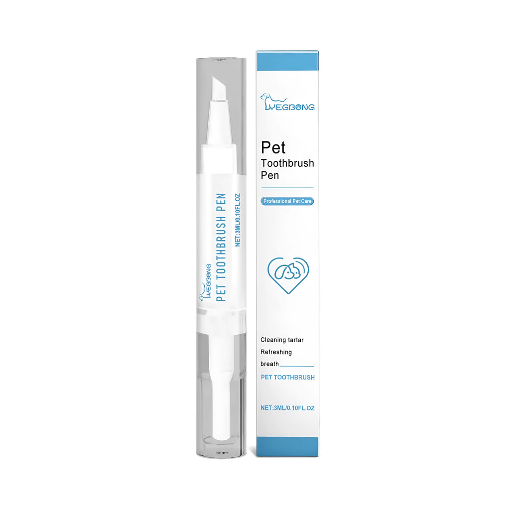 Pet teeth cleaning brush with attached 3ml capacity tube and 12.5cm long handle.