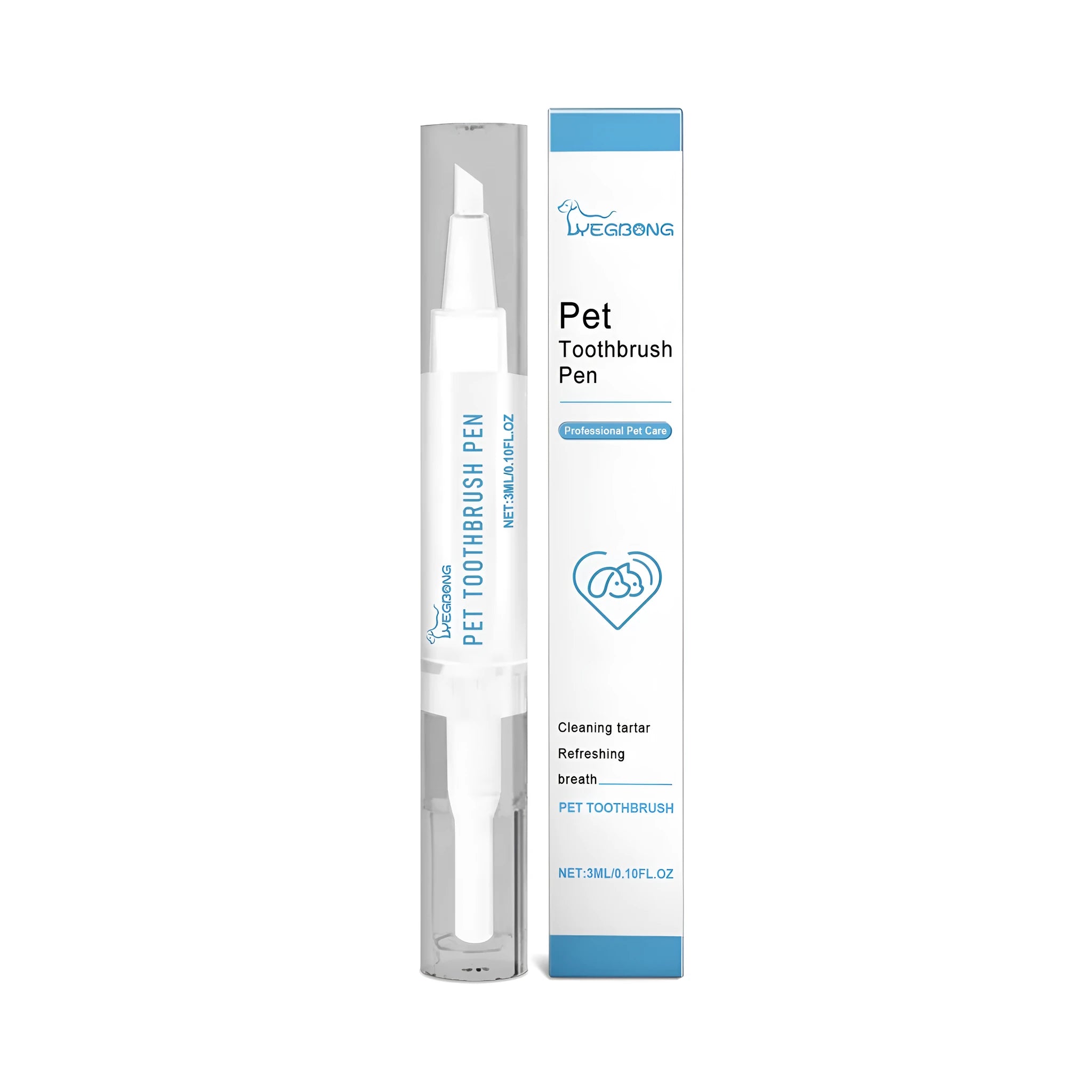 Pet teeth cleaning brush with attached 3ml capacity tube and 12.5cm long handle.