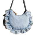 Denim blue polyester women's cross-body bag with lace pleating and stitching thread detail