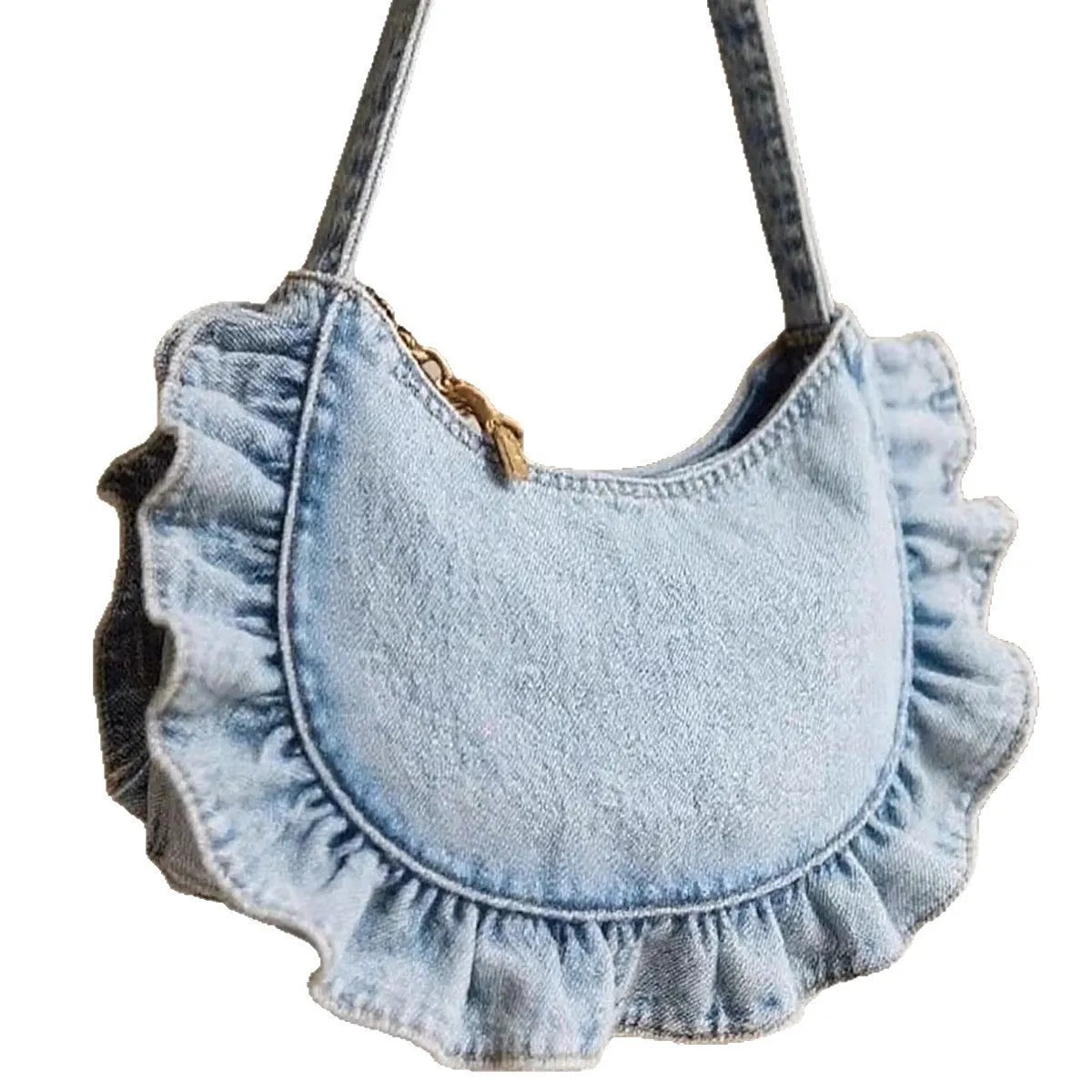 Denim blue polyester women's cross-body bag with lace pleating and stitching thread detail