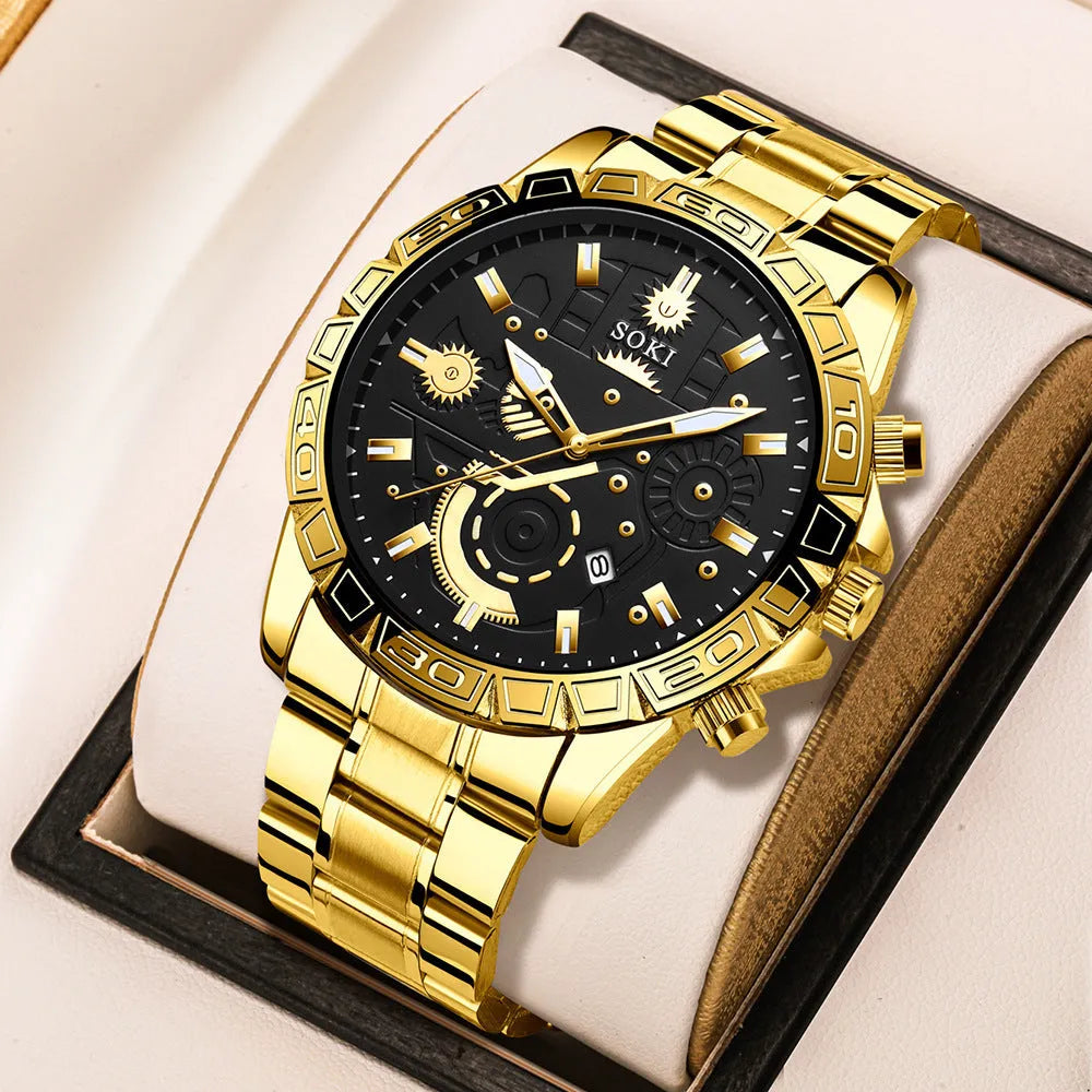 Men's gold business calendar quartz watch with stainless steel strap and 10mm thickness