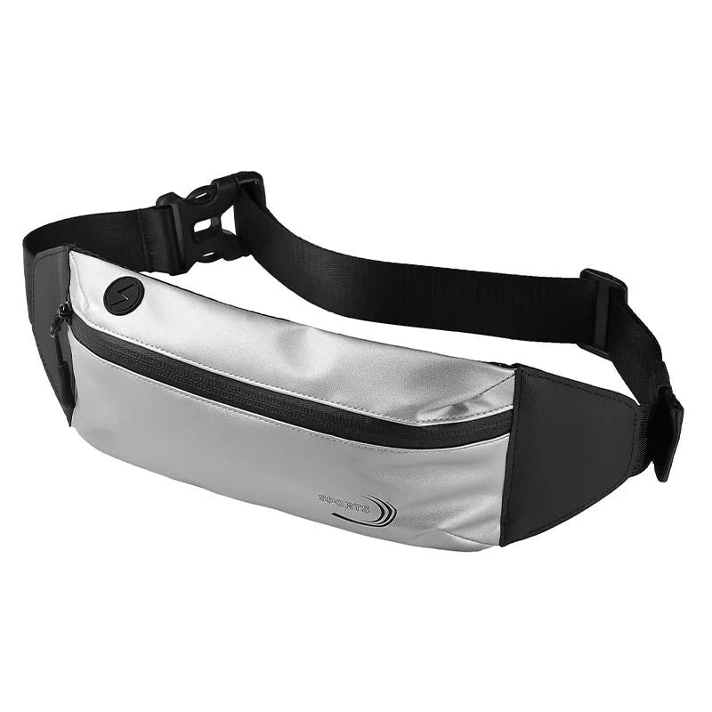 Blue waterproof polyester waist bag for men, shown on a waist, with adjustable strap.