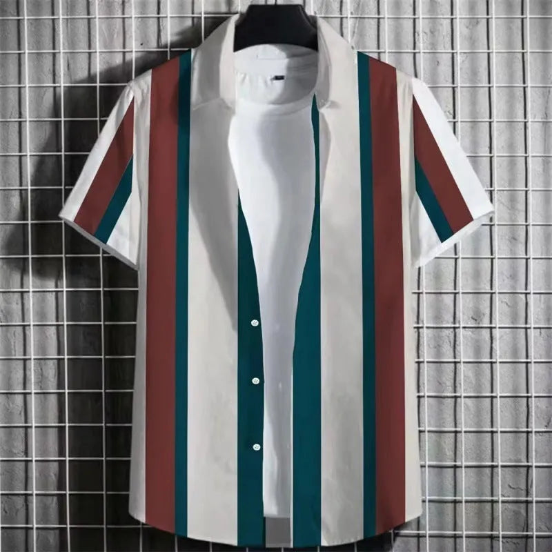 Men's striped linen short sleeve shirt with 3D printing in multiple colours and sizes