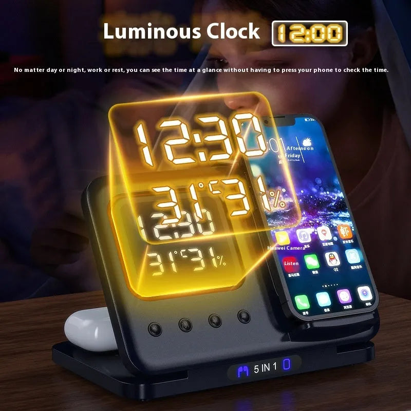 Black 5-in-1 wireless charging station showing phone charging alongside digital clock with temperature display