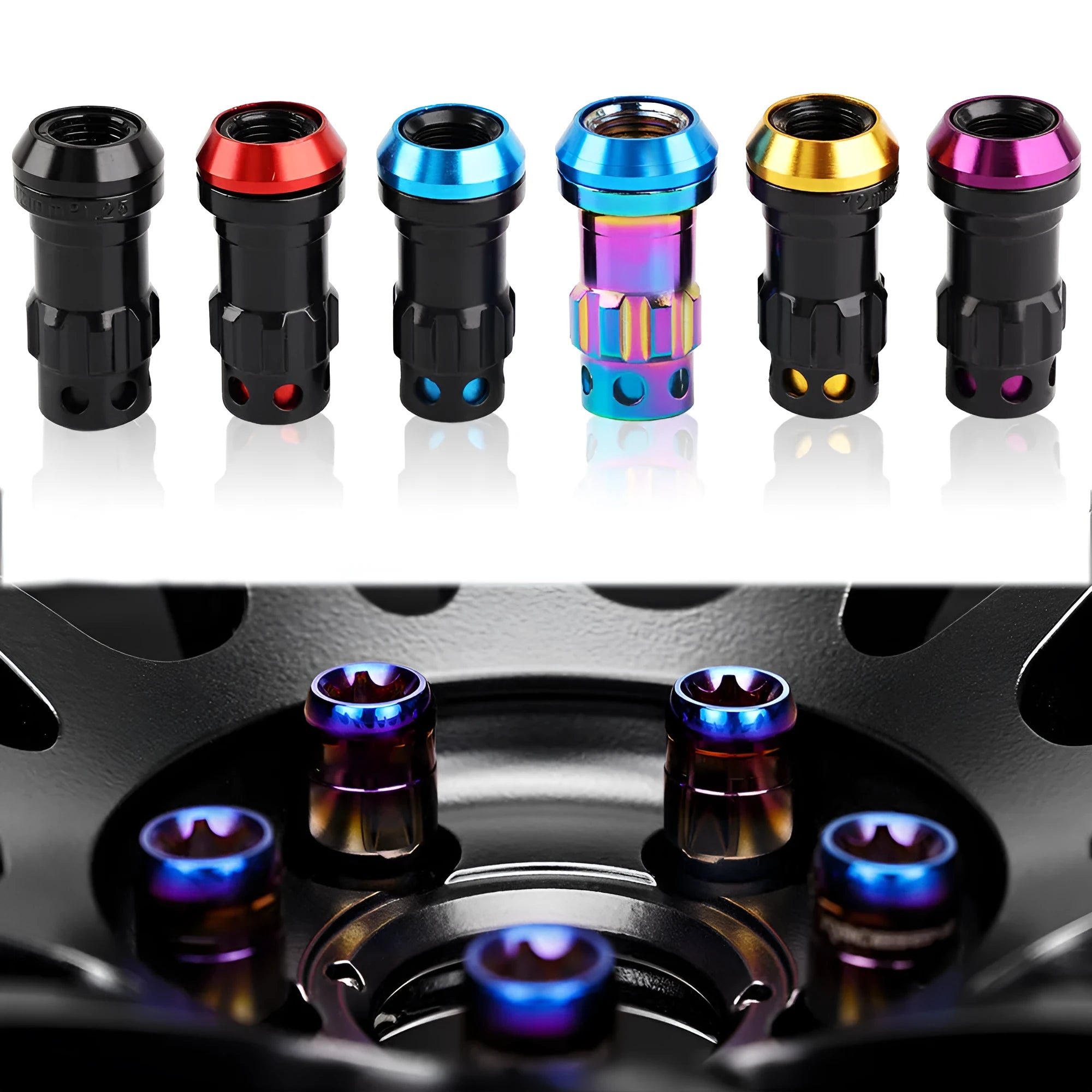 Set of aluminium alloy forged wheel hub nuts in various two-tone colours like red and gold on a black background.