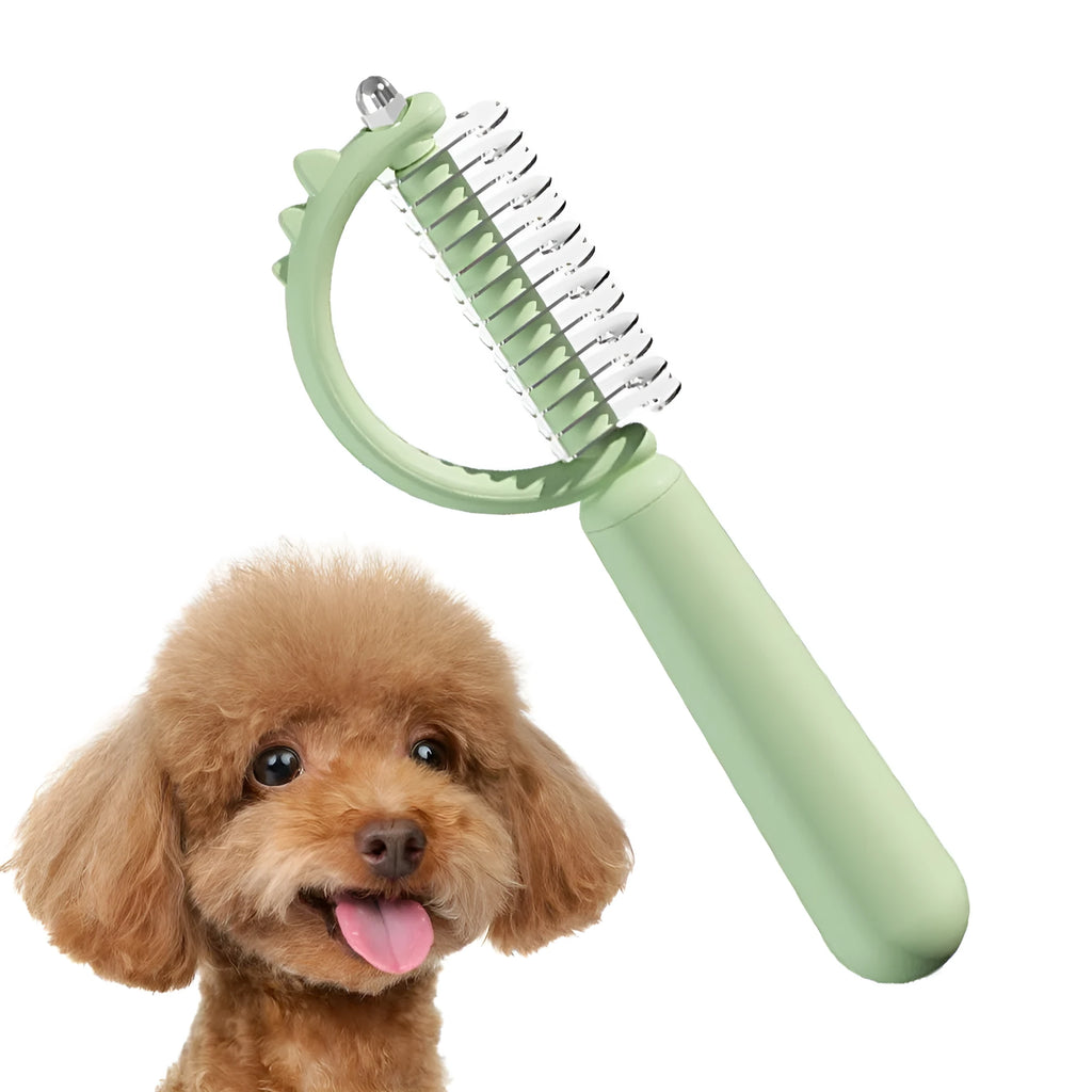 Blue dinosaur-shaped cat brush with stainless steel pins for self-cleaning grooming and dematting