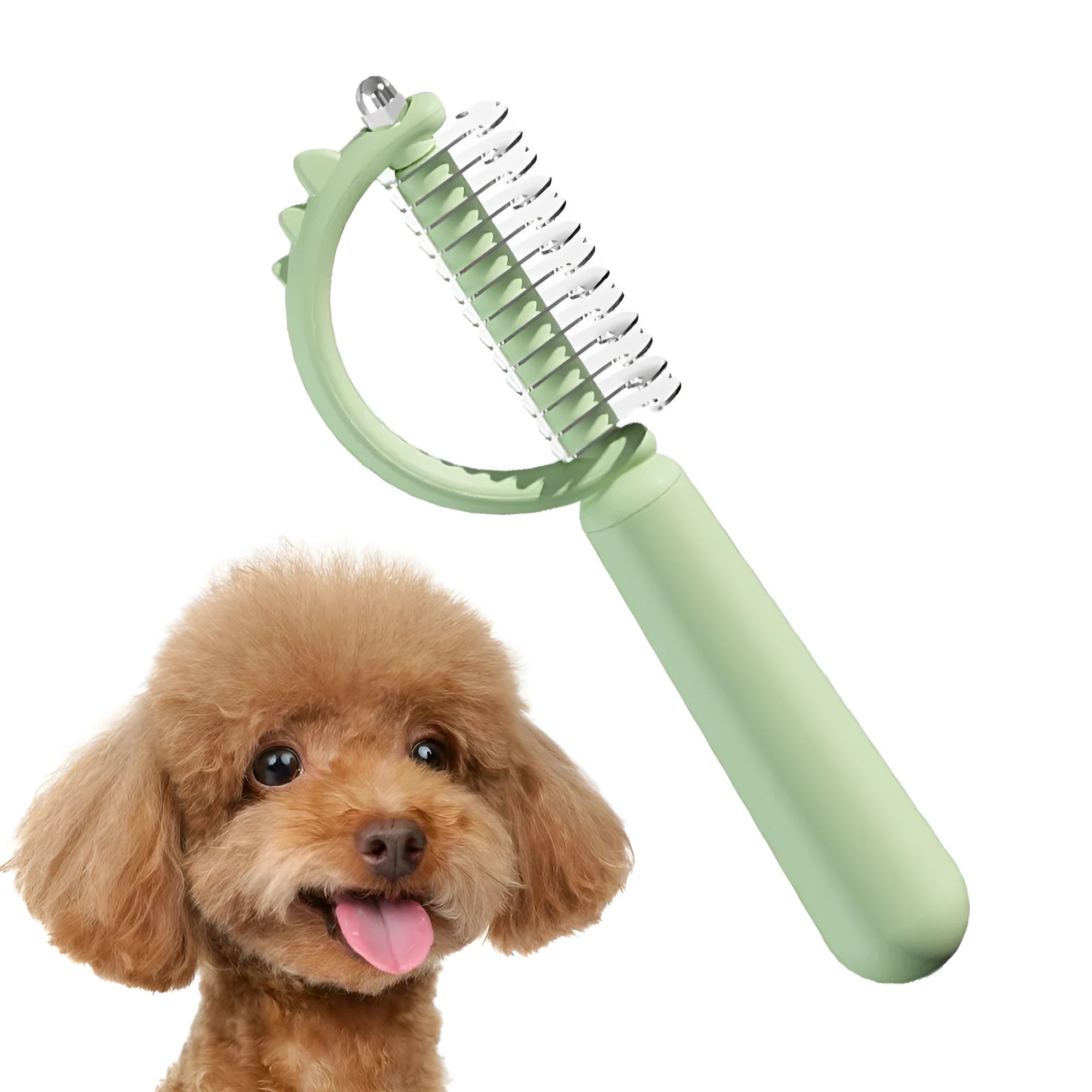 Blue dinosaur-shaped cat brush with stainless steel pins for self-cleaning grooming and dematting