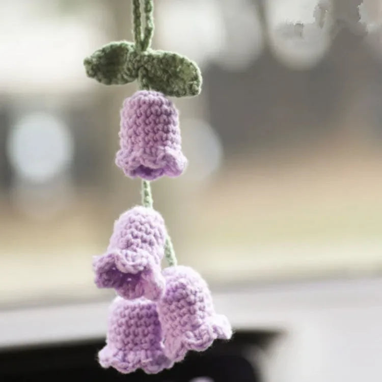 Green and white knitted wool succulent car ornament with 8cm base and hanging cord