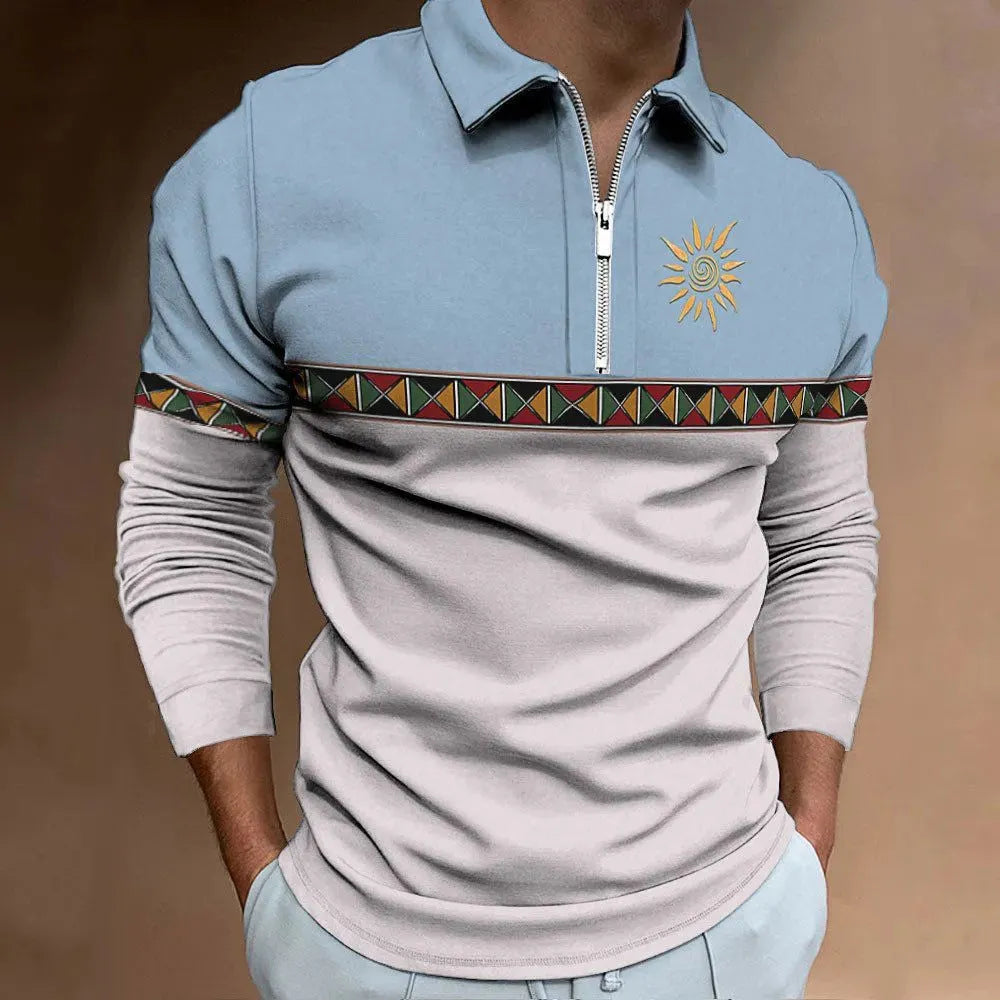 Men's loose fit long sleeve t-shirt with retro colour printing and striped pattern