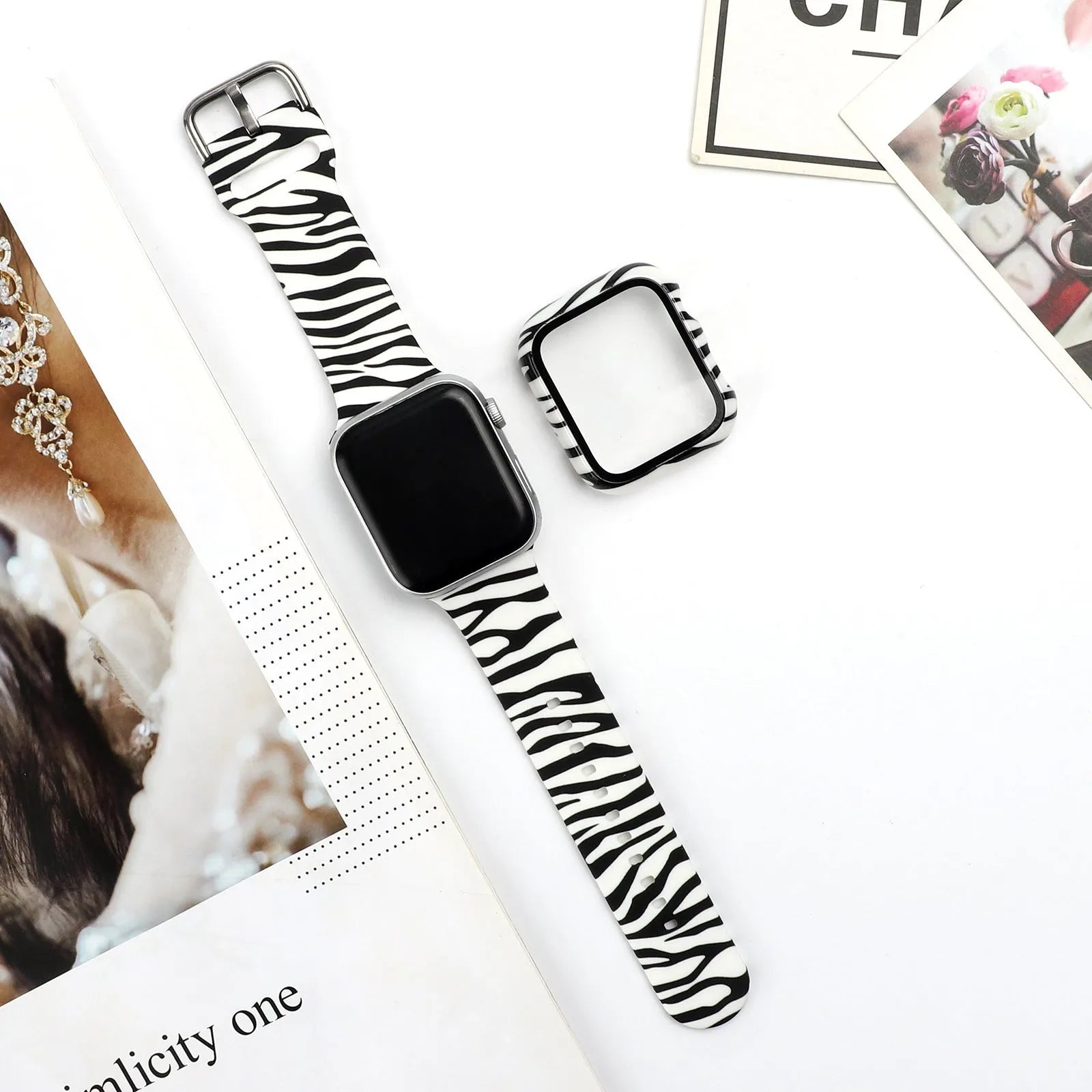 Printed silicone Apple Watch compatible strap shown in multiple design styles for 38mm 40mm 42mm 44mm cases.