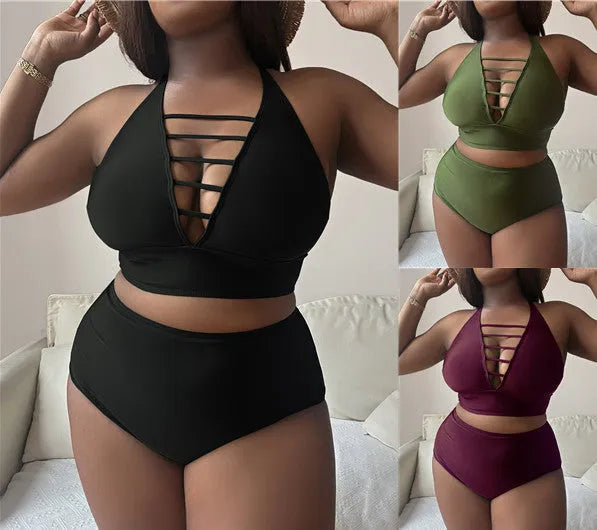 Plus size halter bikini set with adjustable straps and high waist briefs in solid colour