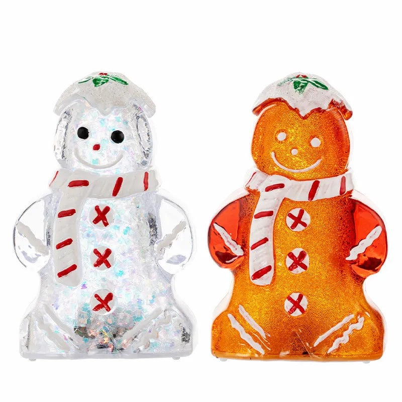 Set of four glowing plastic gingerbread man Christmas ornaments with red, white, and transparent scarves on a festive background.