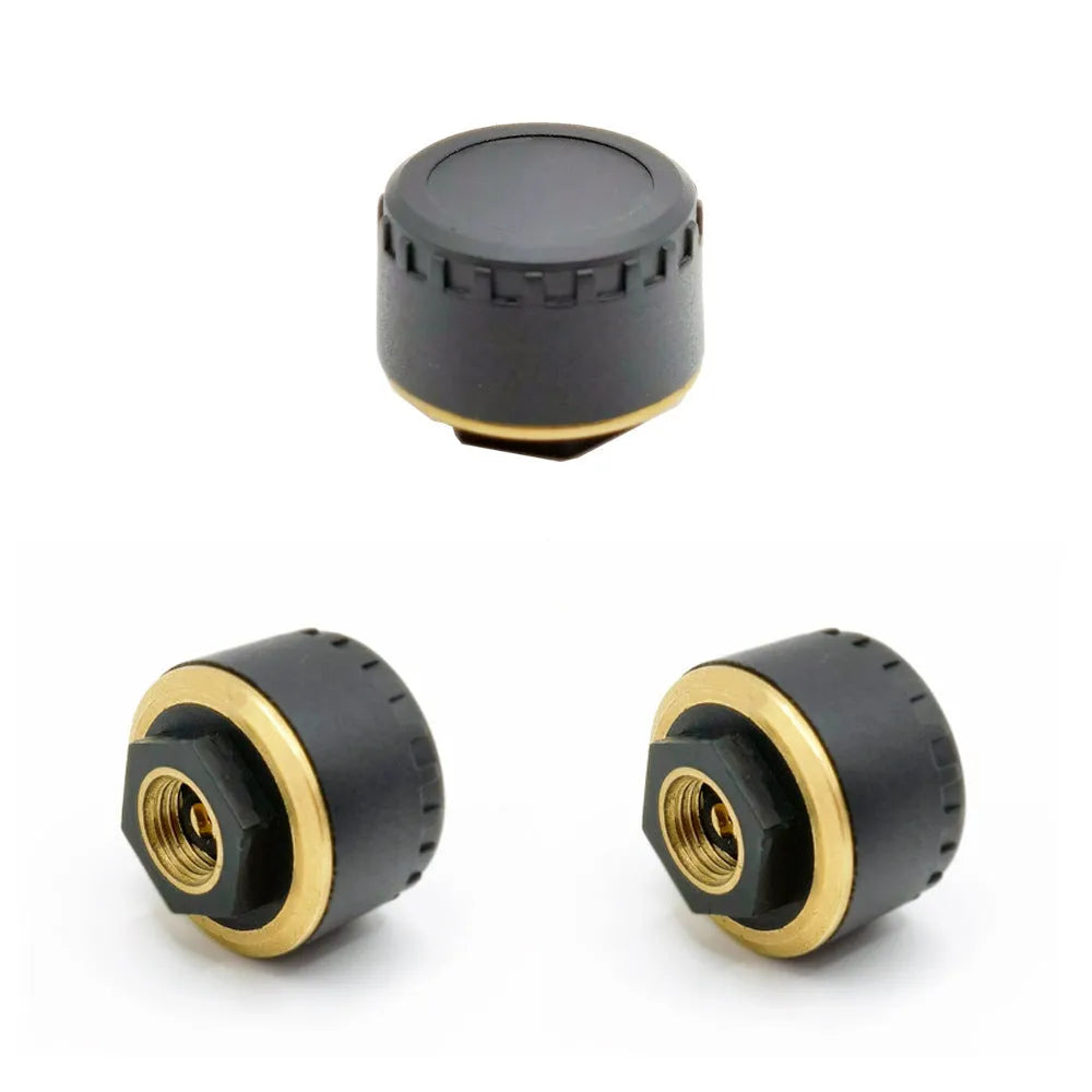 Four black Bluetooth tyre pressure monitors for mobile phone display with IP67 waterproof rating