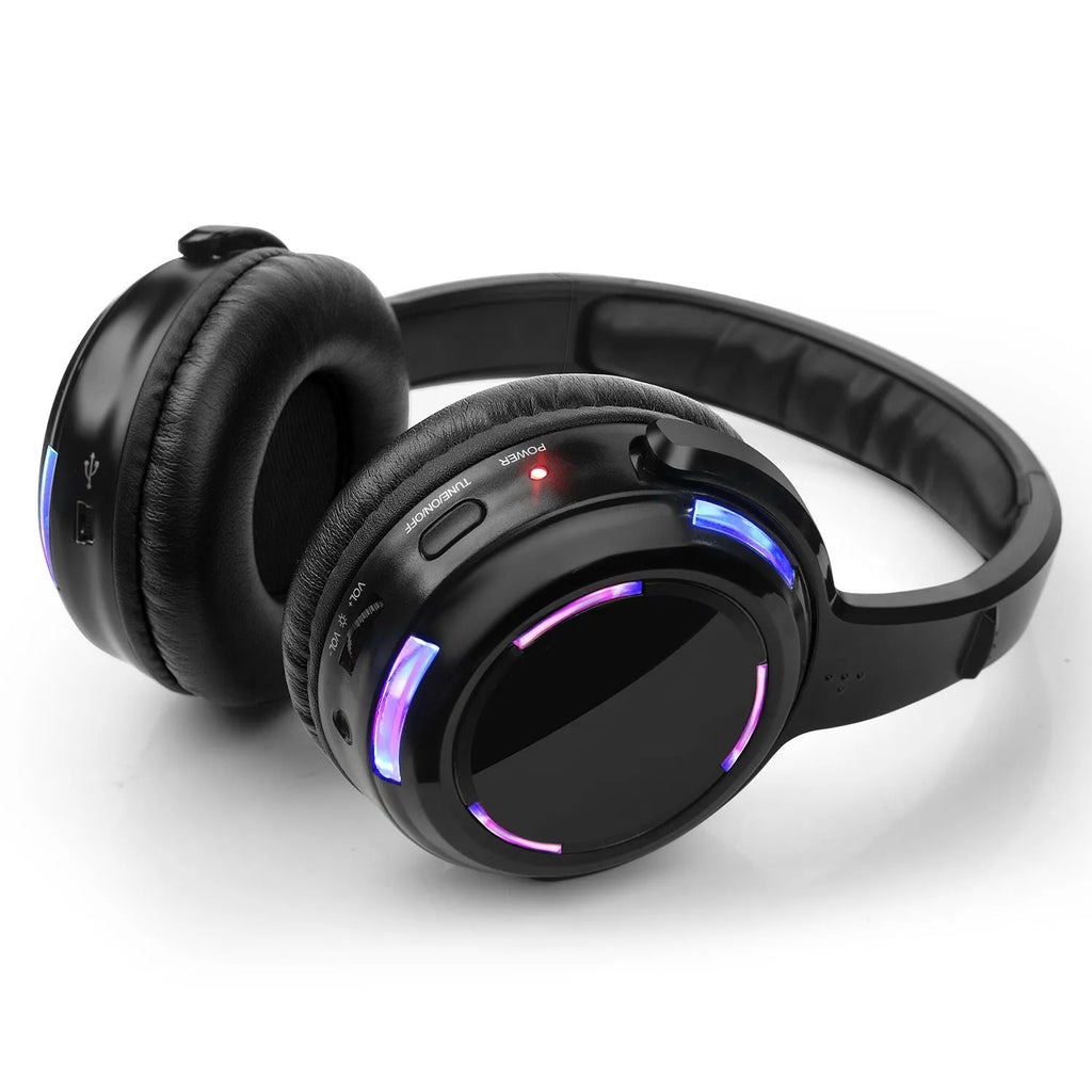 Black silent disco wireless headphones with head-mounted design and 3.5mm plug for transmitter connection