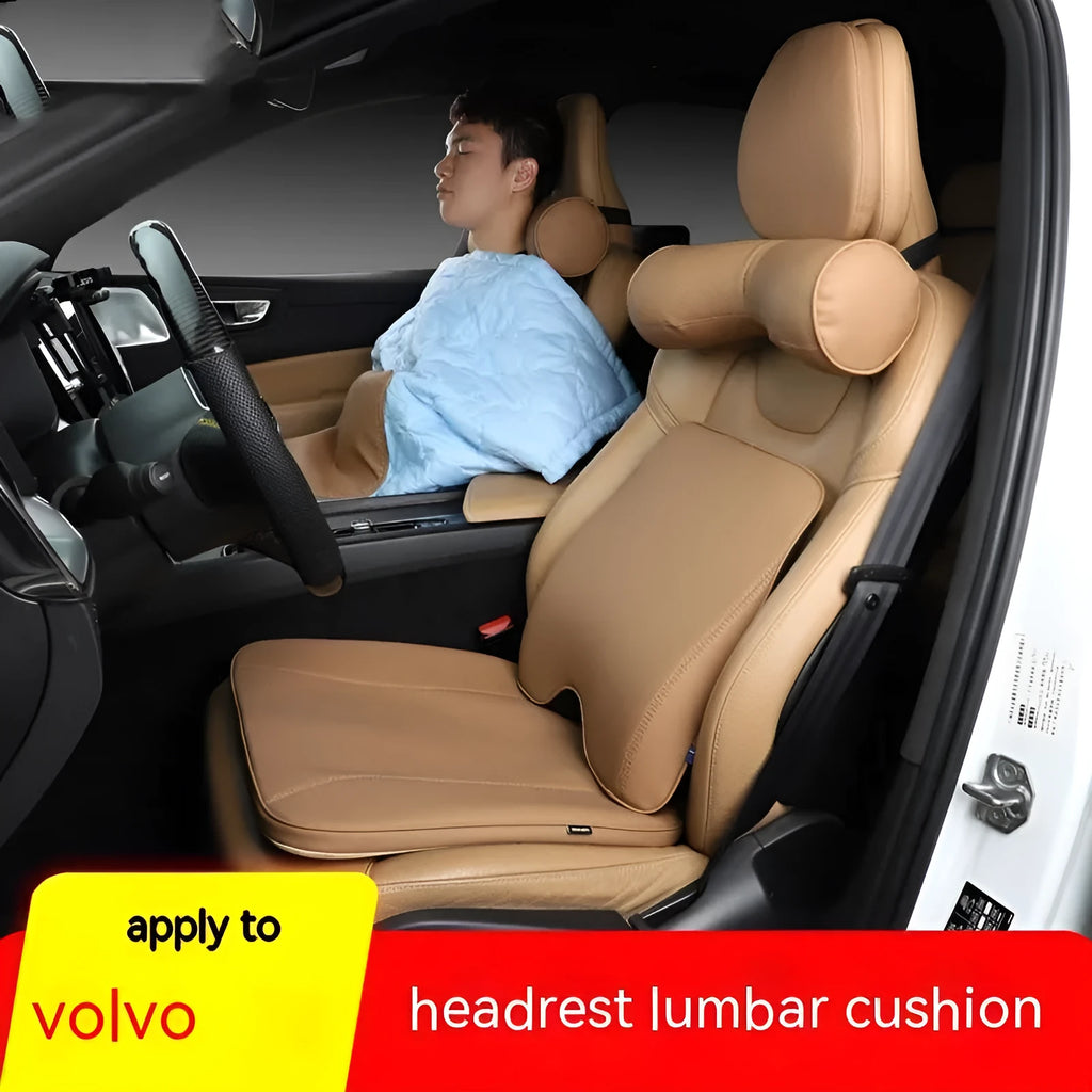 Minimalist style car headrest neck pillow and lumbar support cushion set in brown colour option.
