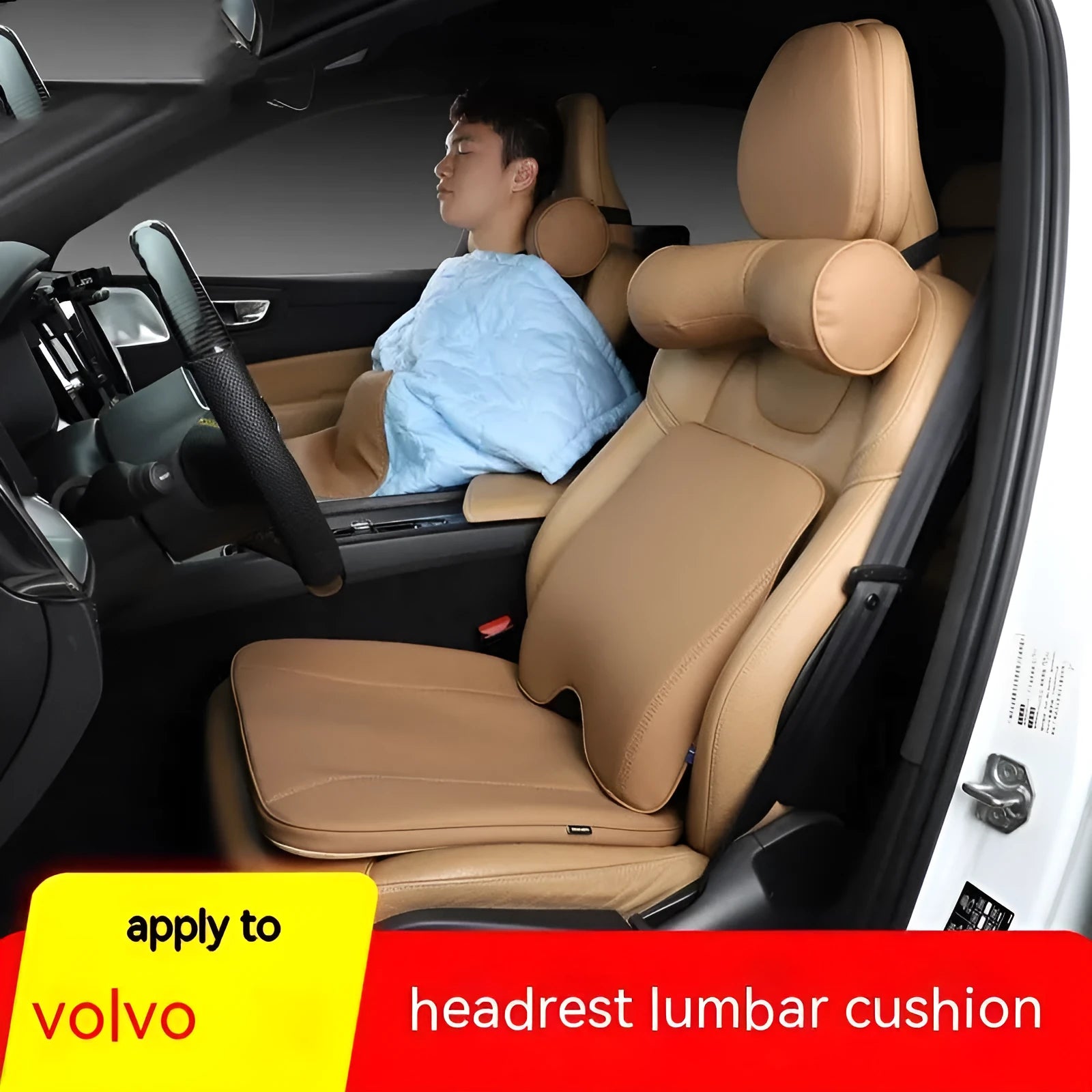 Minimalist style car headrest neck pillow and lumbar support cushion set in brown colour option.