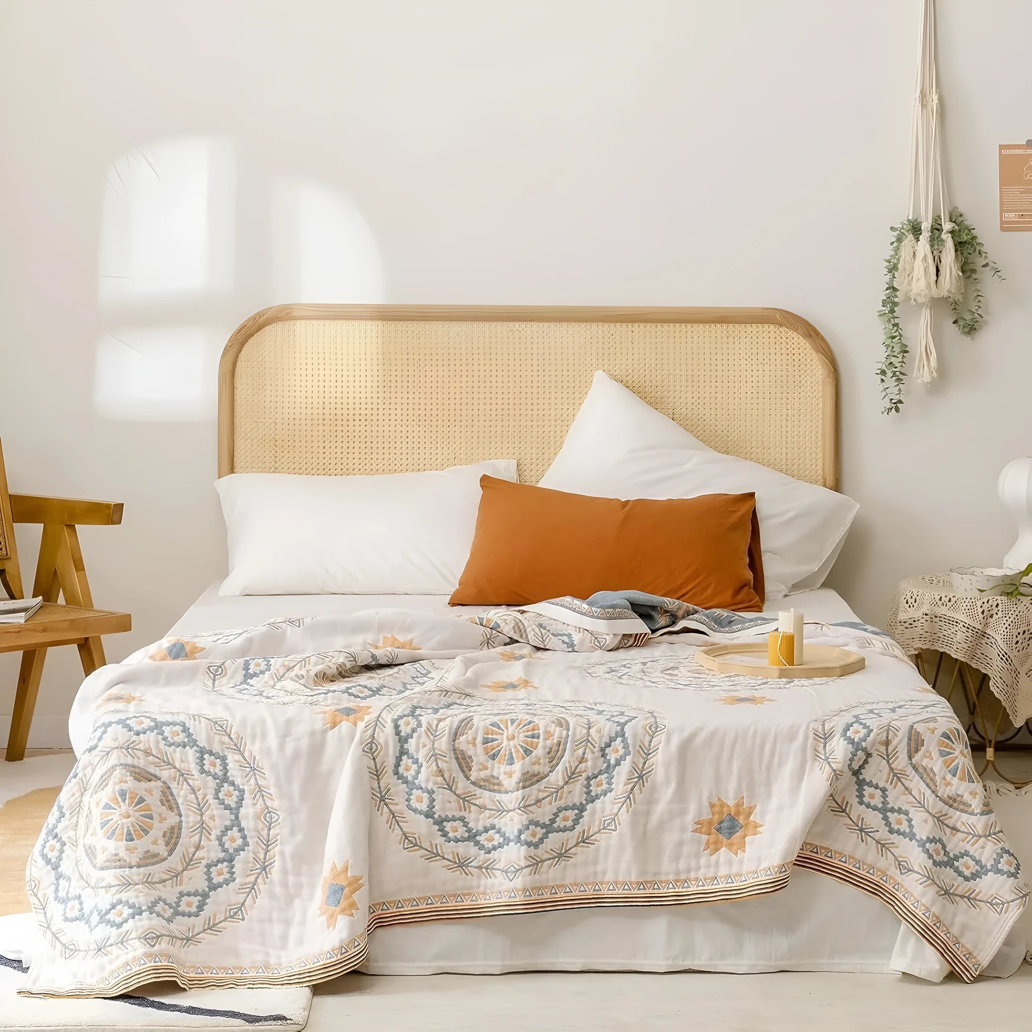 Cotton geometric pattern towel blanket shown in modern simplicity style, folded to show texture.