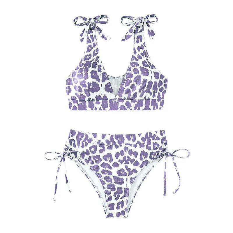 Women's purple leopard print high waist bikini set with lace-up chest cover top and matching shorts