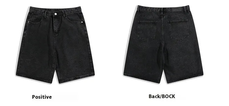 Men's straight-leg denim shorts in light blue on a mid waist model