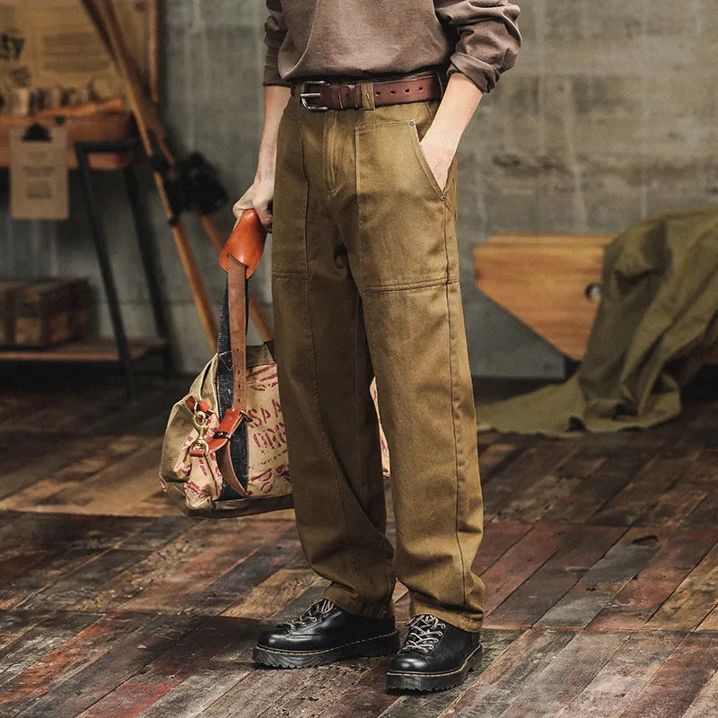 Retro army green casual men's loose straight cotton cargo pants with mid waist