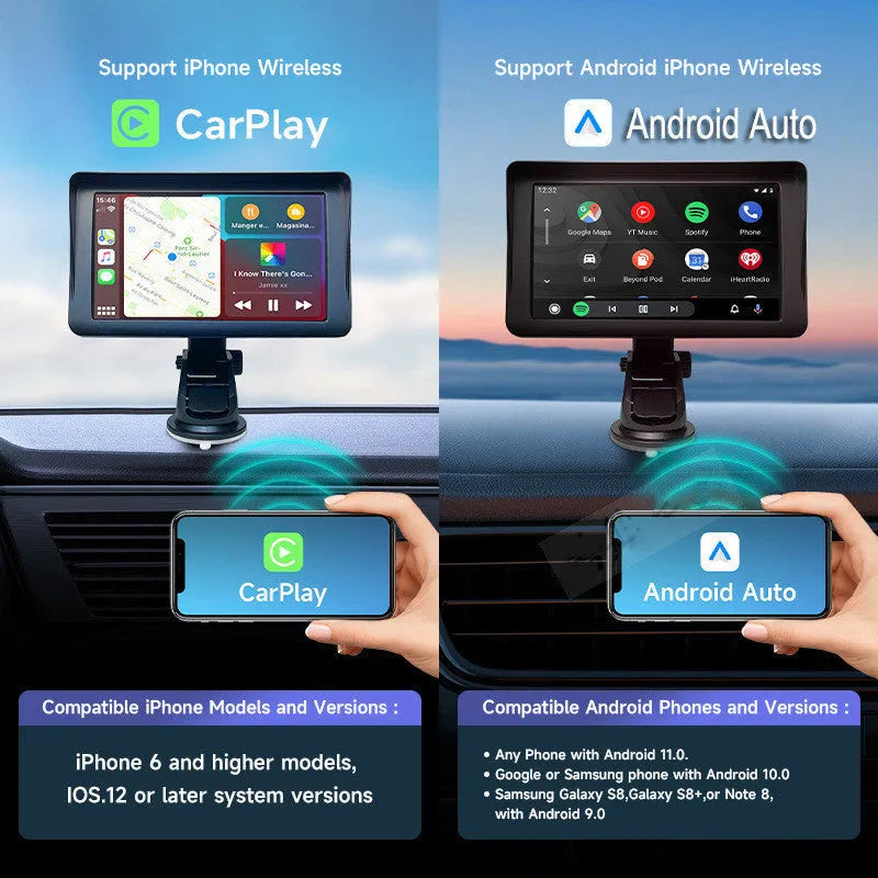 7-inch portable car smart display with retractable bracket mounted on windshield showing navigation interface