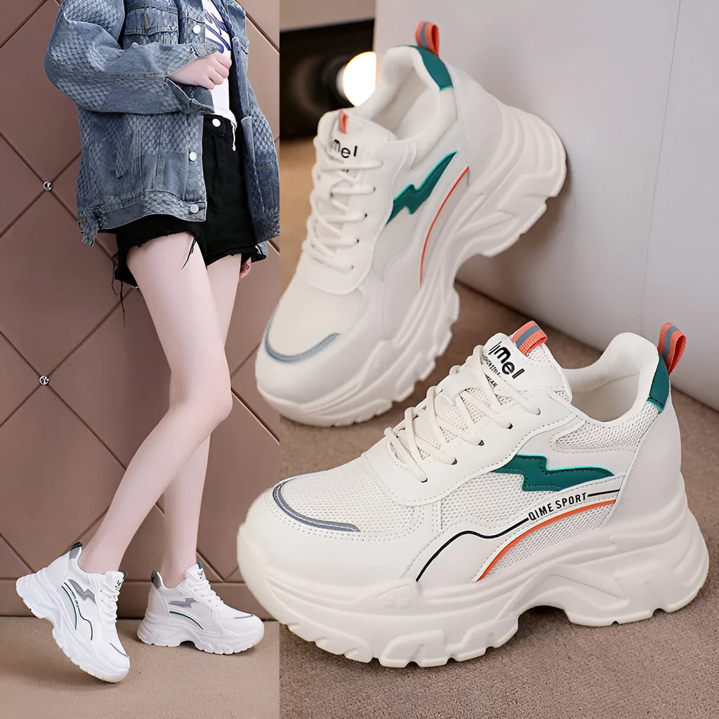 White women's dad shoes with cross straps, lace-up front, and a breathable mesh upper.