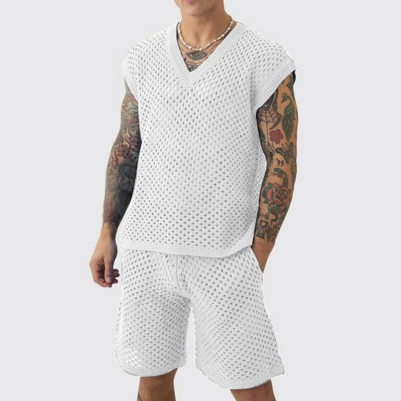 Men's blue knitted V-neck vest and matching shorts summer sports set