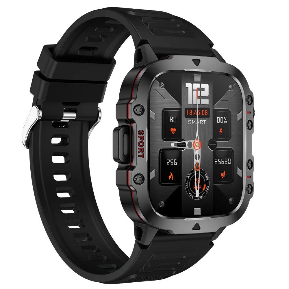 QX11 smartwatch with black zinc alloy case and TFT touch screen displaying heart rate data.