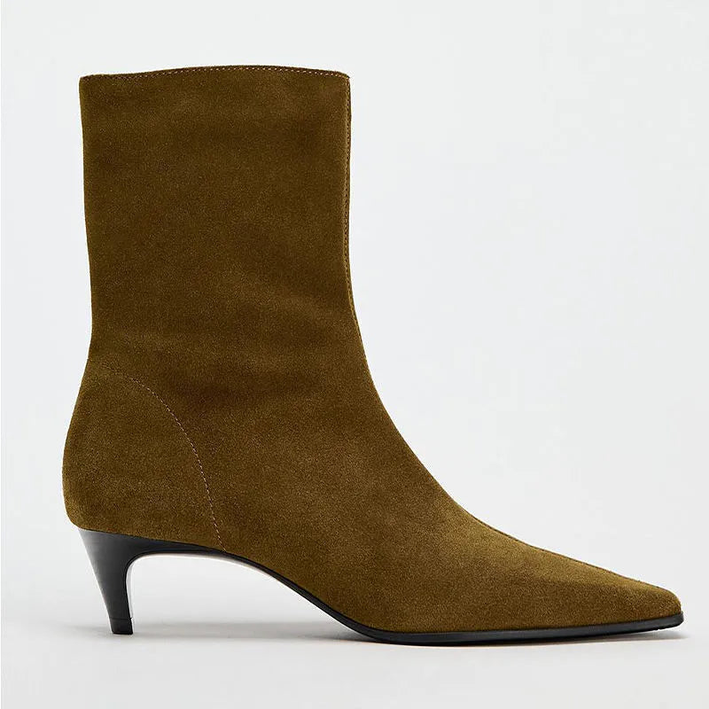 Brown square toe high heel ankle boot with side zipper and waterproof platform sole