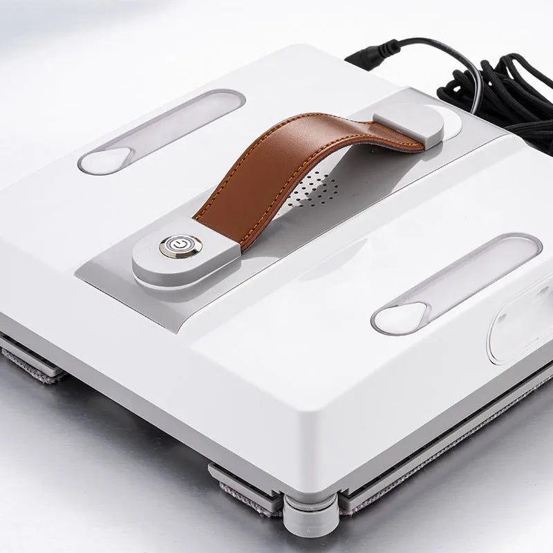 White intelligent window cleaning robot for high-rise glass surfaces, showing control app and water spray ports.