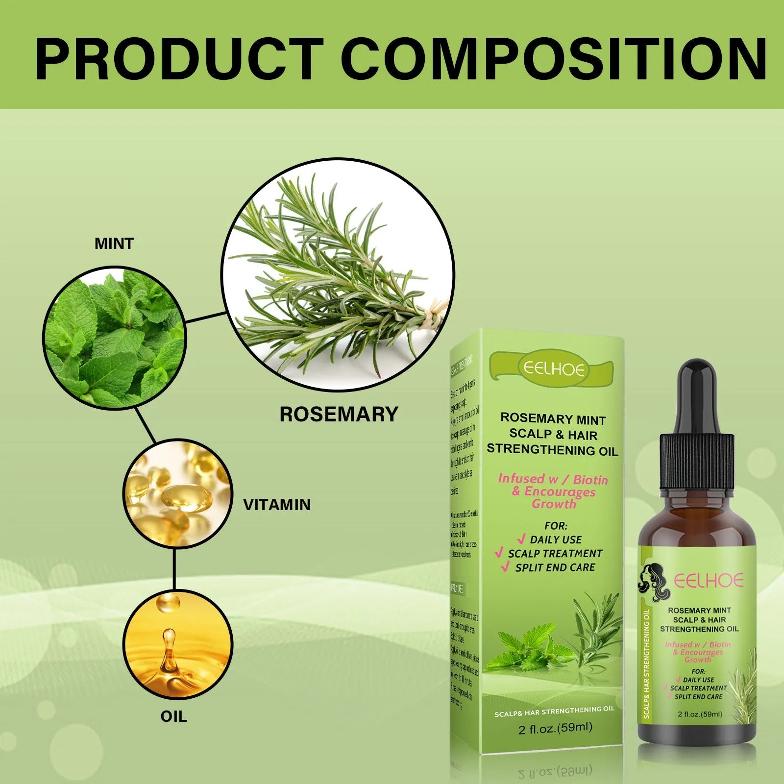 59ml bottle of Rosemary Mint Hair Growth Fluid with peppermint and rosemary extracts