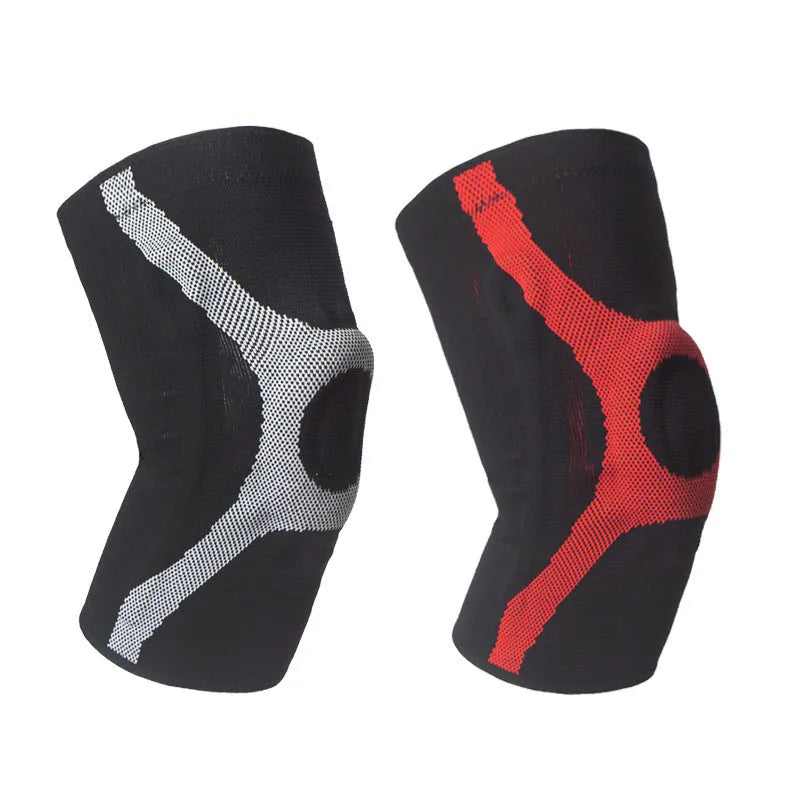 Red and grey silicone knitted sports knee pads for running and climbing with non-slip design