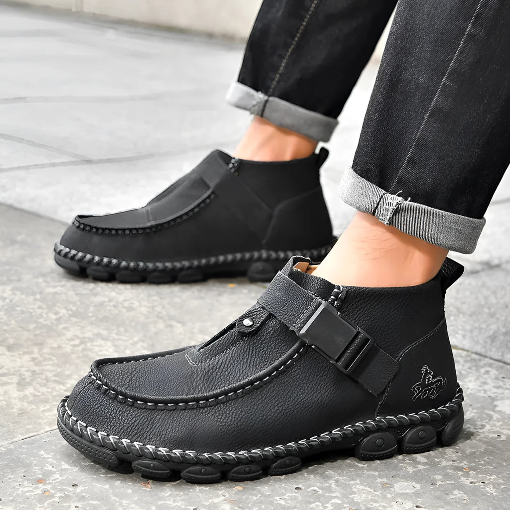 Handmade stitching casual flat bottom slip on lazy shoes in PU leather available in black, brown, green colours