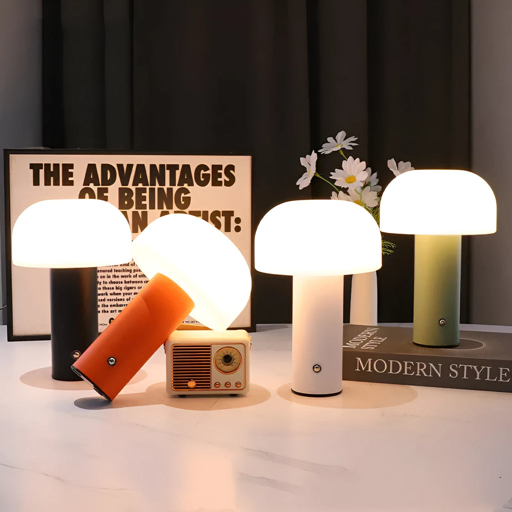 Creative USB-powered table lamp with three-colour pattern, in black, white, orange, or green style.