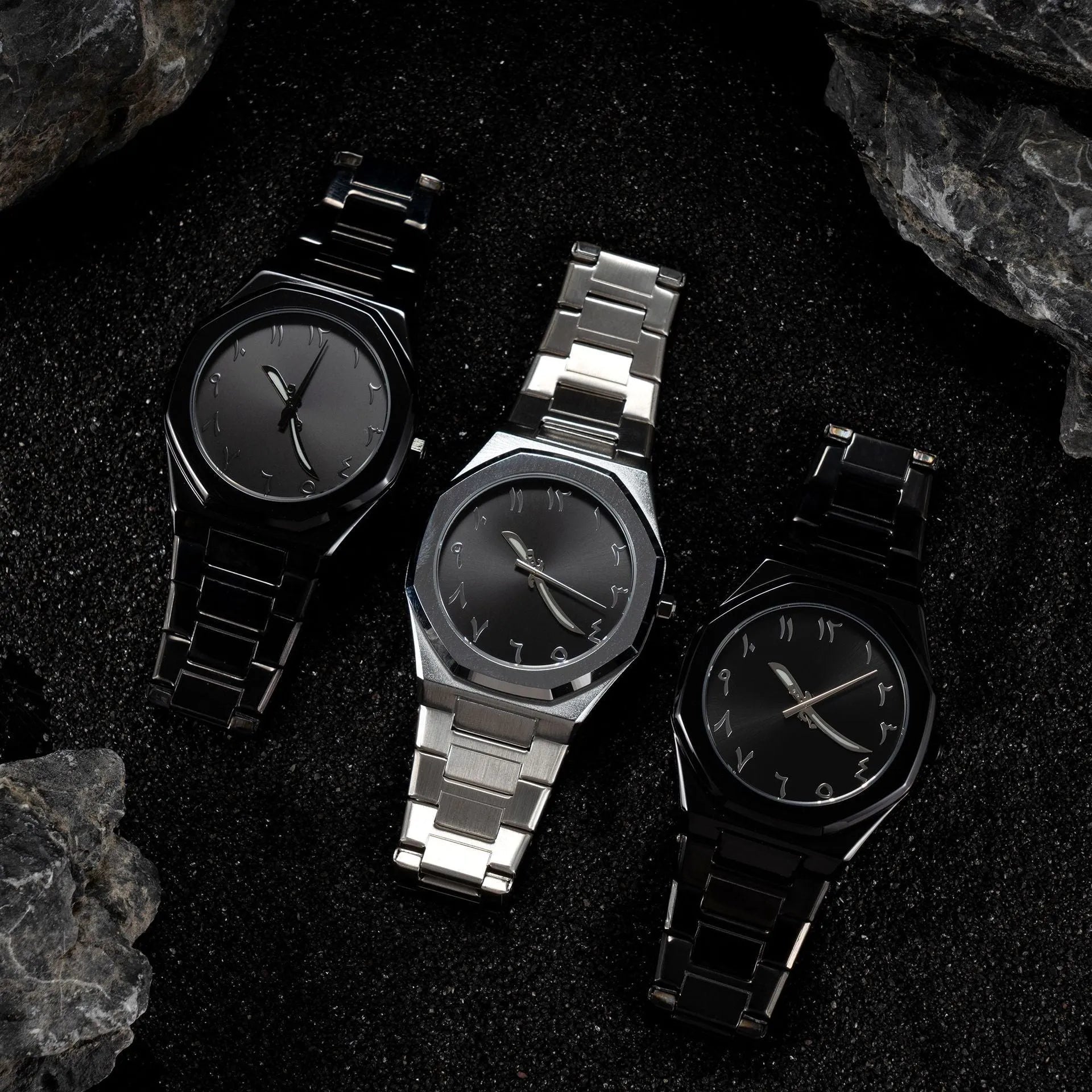 Men's slim business casual watch with steel belt in black, black silver, and silver black colour options.