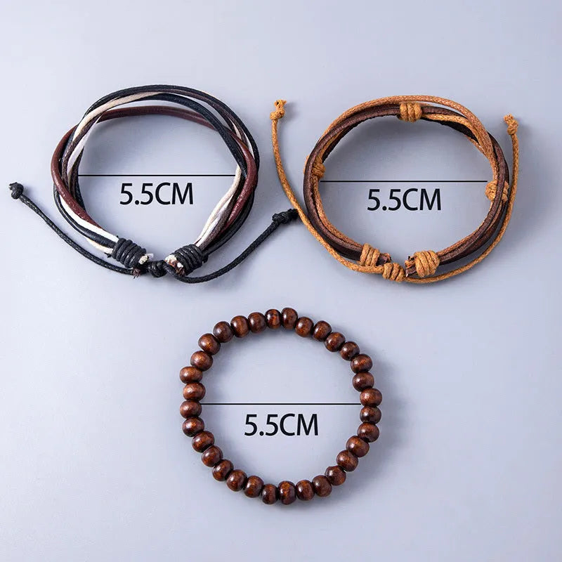 Vintage multilayer leather adjustable bracelet set with wooden beads, ethnic wrap design for women and men, 18g