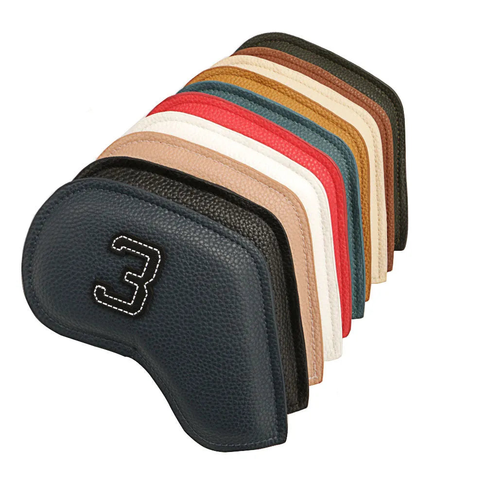 Set of 10 minimally digitally printed PU golf club head covers in assorted colours