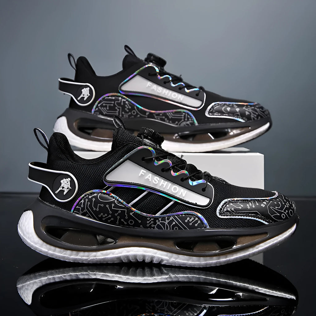 Men's low-top mesh sports shoes in black with an elastic band closure and a light-coloured sole.