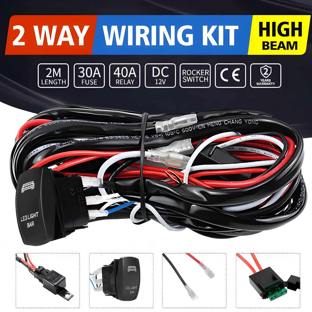 Black off road LED spotlight cable set with 2 metre wire harness and light switch
