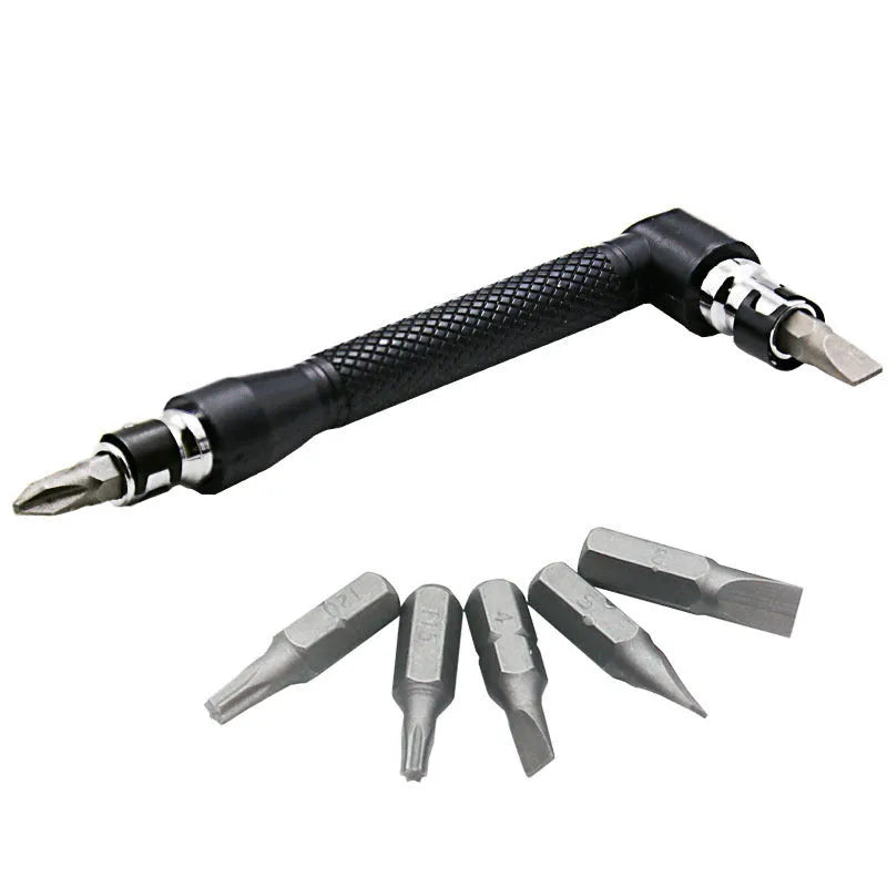 L-shaped socket wrench handle with ten double-headed drill bits and sockets on work surface
