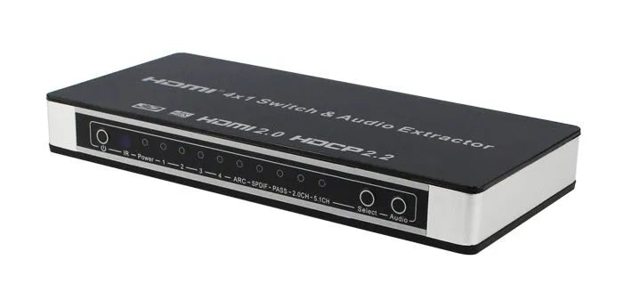 Black HDMI audio video switch with four input ports, one output port, remote control and power adapter